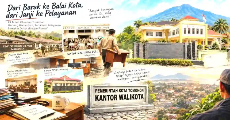 Ilustrasi perjalanan pemerintahan Kota Tomohon dari kompleks Rindam Kakaskasen menuju Kantor Wali Kota di Kolongan I, serta perkembangan gedung DPRD dari Walian ke Lansot. Seorang ASN membawa meja sendiri, melambangkan keterbatasan fasilitas pada awal otonomi.