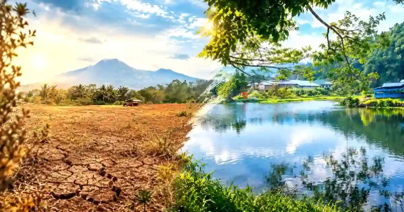 Ilustrasi gabungan lahan pertanian yang mengering di Bukit Wawo, Tomohon Selatan, dengan perairan Telaga Sineleyan di Talete, Tomohon Tengah. Dua lanskap yang menggambarkan kontras antara kekeringan dan keberadaan sumber air di tengah ancaman kemarau di Sulawesi Utara.