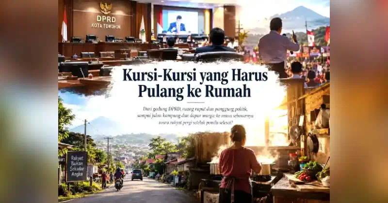 Ilustrasi kolase perjalanan suara rakyat dari gedung DPRD dan panggung politik menuju jalan kampung dan dapur warga.