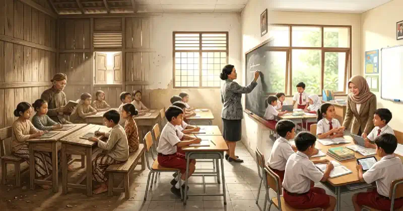 Ilustrasi perjalanan pendidikan Indonesia dari sekolah rakyat masa kolonial, ruang kelas era 1980-an, hingga pembelajaran modern, menampilkan hubungan guru dan murid lintas generasi.