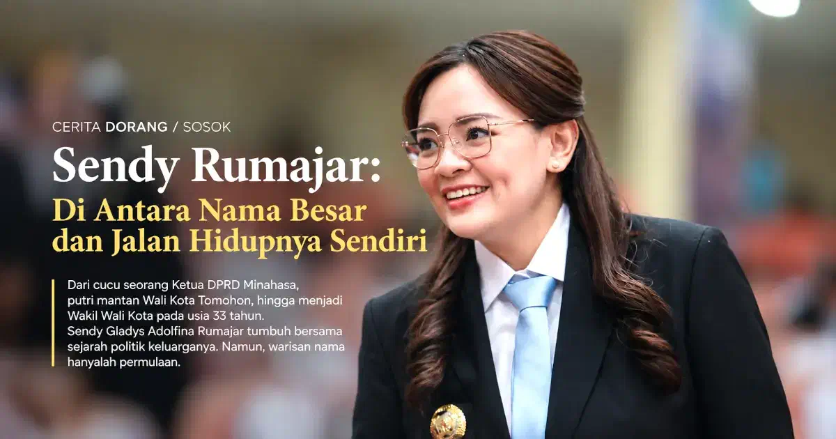 Sendy Gladys Adolfina Rumajar, Wakil Wali Kota Tomohon, tersenyum mengenakan jas hitam dan dasi biru muda dalam ilustrasi editorial bertajuk Di Antara Nama Besar dan Jalan Hidupnya Sendiri.
