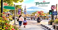 Ilustrasi suasana Tomohon sebagai Kota Bunga, dengan pejalan kaki menyeberang jalan di tengah lalu lintas dan hiasan bunga.