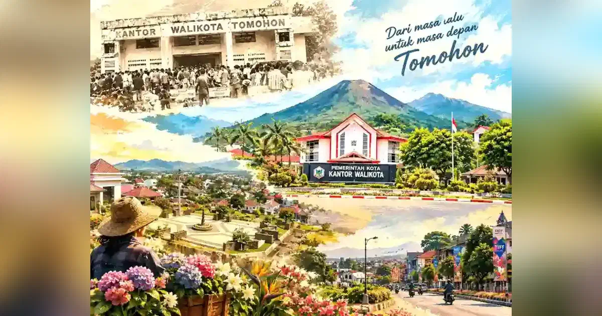 Kolase perjalanan Tomohon dari kantor wali kota masa lalu hingga pusat pemerintahan dan lanskap Gunung Lokon.